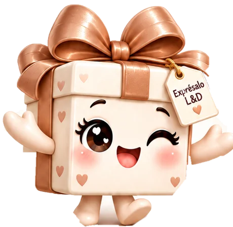 Lía, la mascota oficial de Exprésalo L&D, una caja de regalo con lazo cobrizo